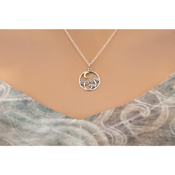Sterling Silver Mushroom Charm with Bronze Moon Necklace - Picture 2 of 5
